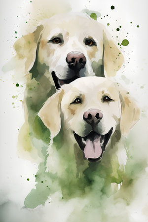Three labrador retriever puppies. Digital watercolor painting on white backgroundの素材