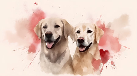 Watercolor illustration of two labrador retriever dogs in love.の素材