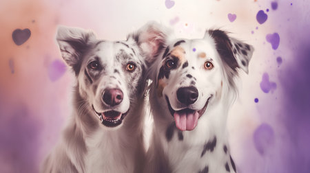 Two australian shepherd dogs on a purple background with hearts.の素材