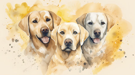 Watercolor illustration of three Labrador Retriever dogs on yellow backgroundの素材
