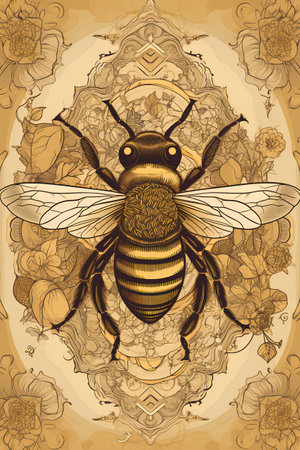 Honeybee with floral ornament on beige background. Vector illustration.の素材