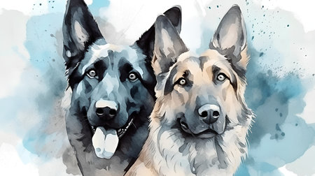Watercolor portrait of German Shepherd dogs. Hand drawn watercolor illustrationの素材