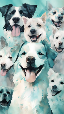 Seamless pattern of watercolor portraits of dogs on a blue backgroundの素材