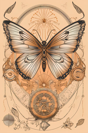 Vector hand drawn illustration with butterfly, compass and floral elements. Tattoo design.の素材