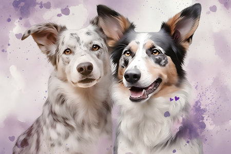 Two australian shepherd dogs in front of a watercolor backgroundの素材