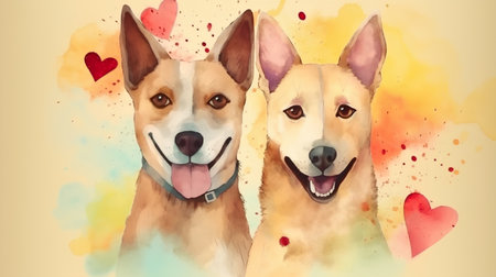 Two dogs in love with watercolor background. Vector illustration for your designの素材
