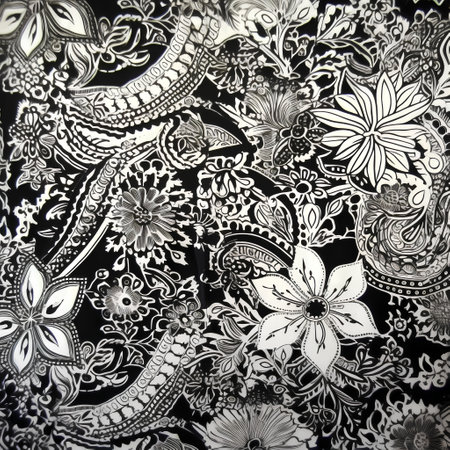 Thai silk fabric with floral pattern in black and white tone.の素材