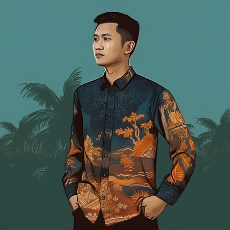 Asian man in traditional costume against the background of palm trees. Vector illustrationの素材