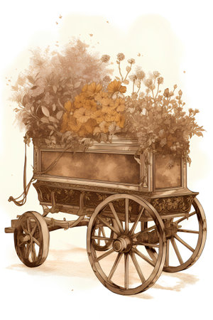 Illustration of an old wooden carriage with a bouquet of flowersの素材