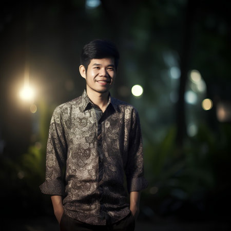 Portrait of young handsome asian man in the park at nightの素材
