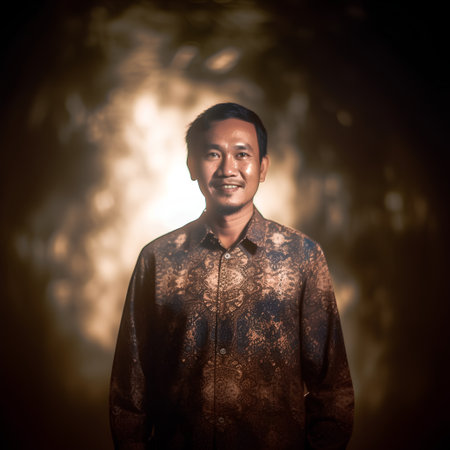 Portrait of a smiling asian man in traditional clothing on dark backgroundの素材