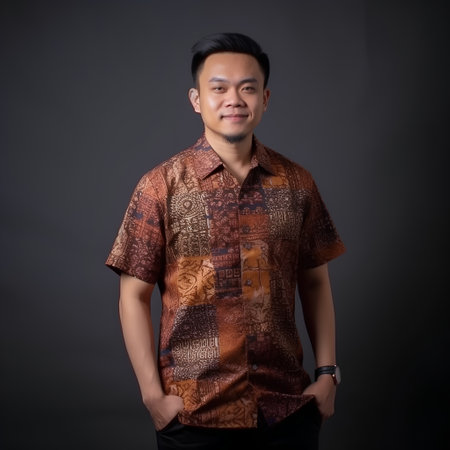 Portrait of a handsome young asian man wearing traditional Thai shirtの素材