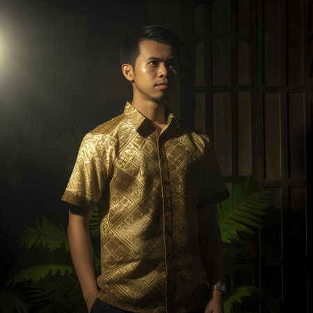 Handsome asian man in yellow shirt posing in dark roomの素材