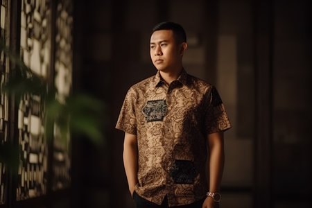 Portrait of a young asian man in a brown shirt.の素材