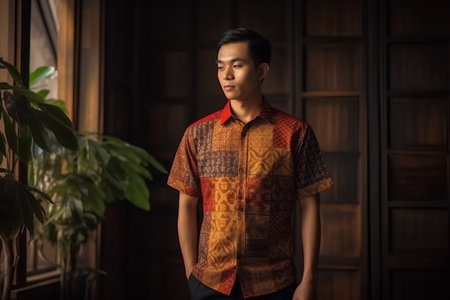 Portrait of a handsome young Asian man in traditional Thai shirt.の素材