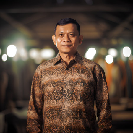 Portrait of a handsome Asian man in traditional clothes posing in a restaurantの素材