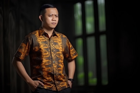 Portrait of a handsome asian man in yellow shirt and black trousersの素材