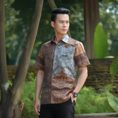 Portrait of handsome asian man wearing brown shirt and black pants.の素材