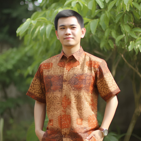 portrait of a young asian man in traditional thai shirtの素材