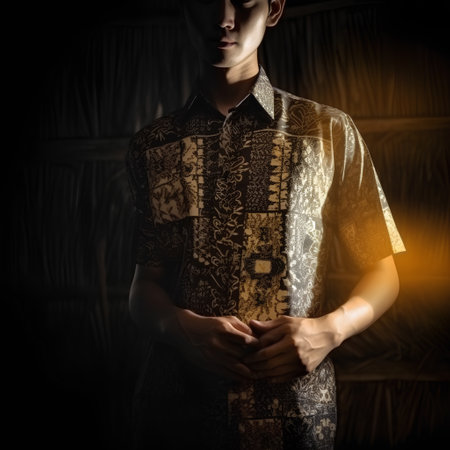 Asian man in traditional thai dress in dark room with lighting effectの素材