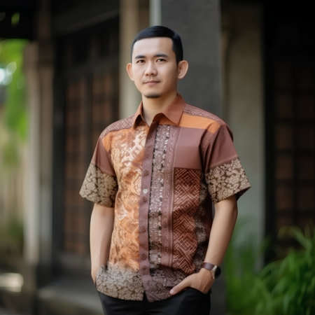 Portrait of a handsome asian man in traditional thai shirtの素材