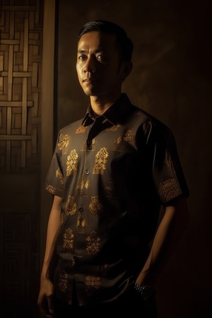 Asian man in traditional Chinese shirt, standing in front of a doorの素材