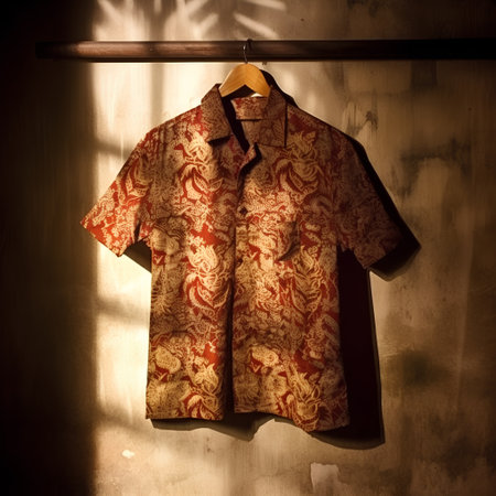 Men's shirt hanging on a wooden hanger with sunlight and shadowsの素材