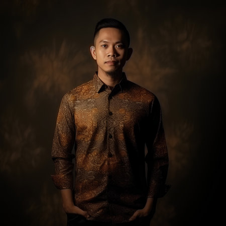 Portrait of a handsome asian man looking at camera over dark backgroundの素材