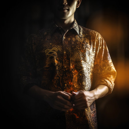 Asian man wearing a traditional Thai shirt with a beautiful pattern on his bodyの素材