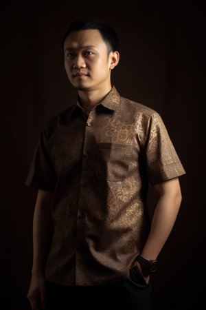 Portrait of a young asian man in brown shirt on dark backgroundの素材