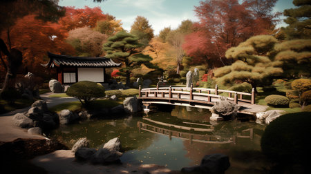 Beautiful Japanese garden in the autumn, toned image with soft focusの素材