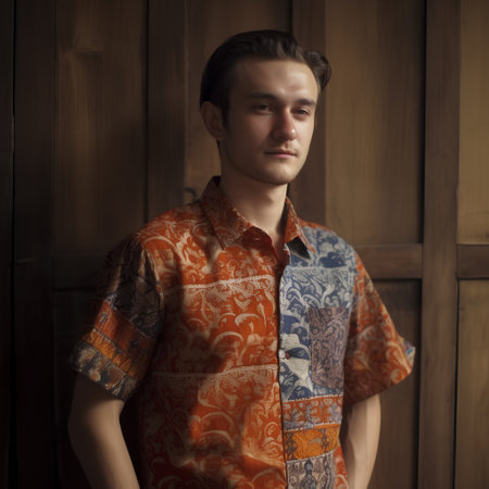 Portrait of a young handsome man in a shirt on a wooden backgroundの素材