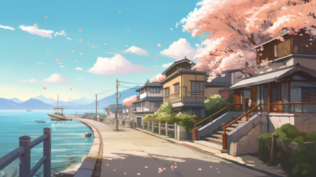 Beautiful Japanese town on the background of the sea and mountains.の素材