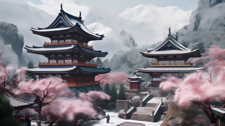 Beautiful chinese temple in winter with snow and fog. 3D renderingの素材
