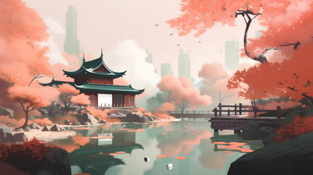 Autumn landscape with Chinese pavilion and lake. Digital painting.の素材