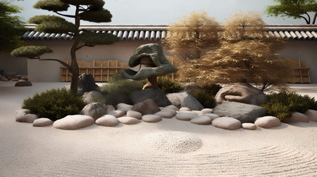 3D render of a Japanese garden with a stone sculpture in the middleの素材