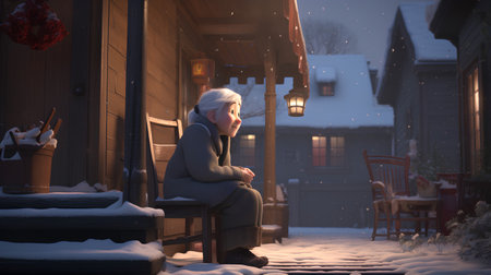 Sad woman sitting on the porch of the house in winter. 3d renderingの素材