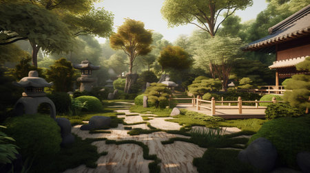 Beautiful japanese garden in the morning,3d renderの素材