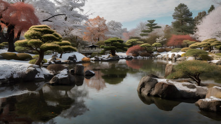 Japanese garden in winter, Tokyo, Japan. Beautiful Japanese garden.の素材