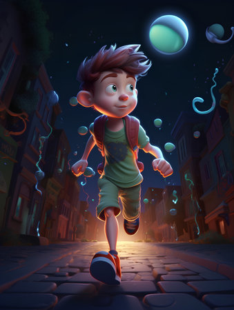 Little boy running on the street at night, 3d illustration.の素材