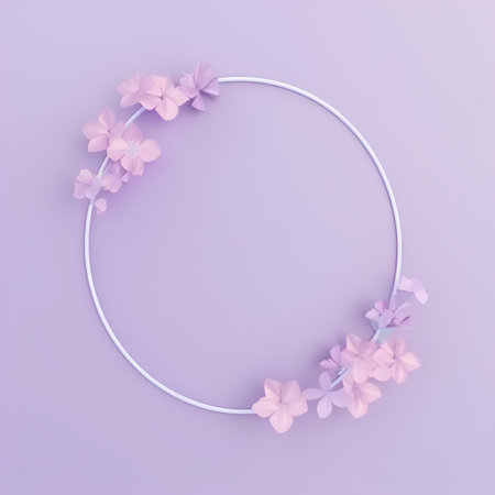 Wreath of pink flowers on purple background. 3D rendering.の素材