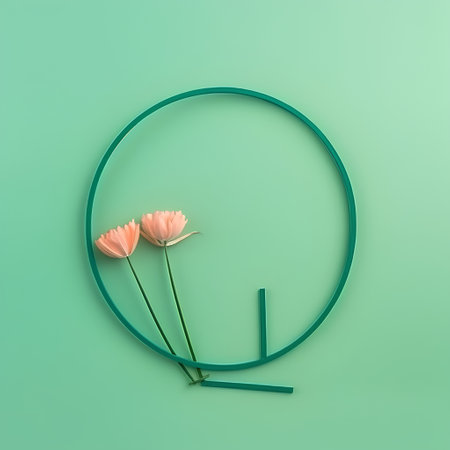 Round frame with flowers on a green background. Minimal concept.の素材