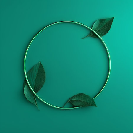 green circle frame with leaves on a green background. 3d illustrationの素材