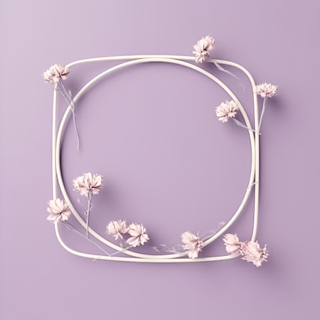 Wicker frame with pink flowers on purple background. 3d renderの素材