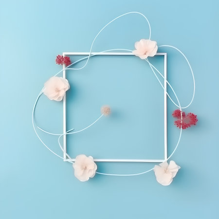 Creative layout made of paper flowers on blue background. Flat lay, top view minimal concept.の素材