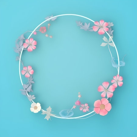Wreath of flowers and butterflies on blue background. 3d renderingの素材