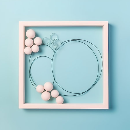3d illustration of frame with pink and white balls on blue backgroundの素材