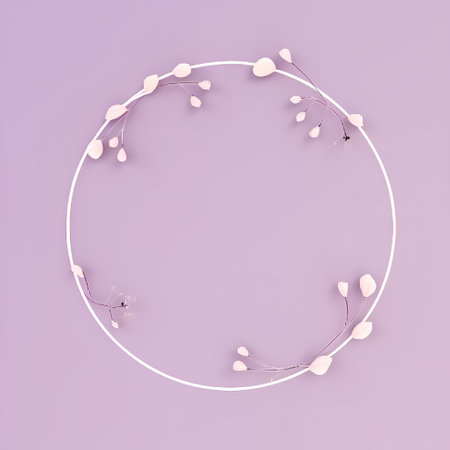 Round frame made of pink flowers on purple background. 3d illustrationの素材