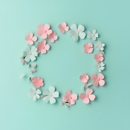 Creative layout made of paper flowers on turquoise background. Flat lay, top view minimal concept.の素材