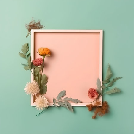 Flowers composition. Frame on pastel green background. Flat lay, top view, copy spaceの素材